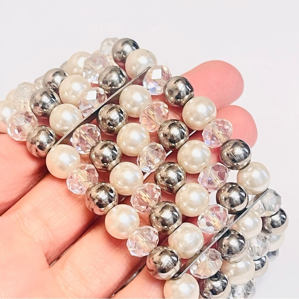 Glass Pearl Bead Stretch Layered Bling Bracelet - Picture 5 of 5